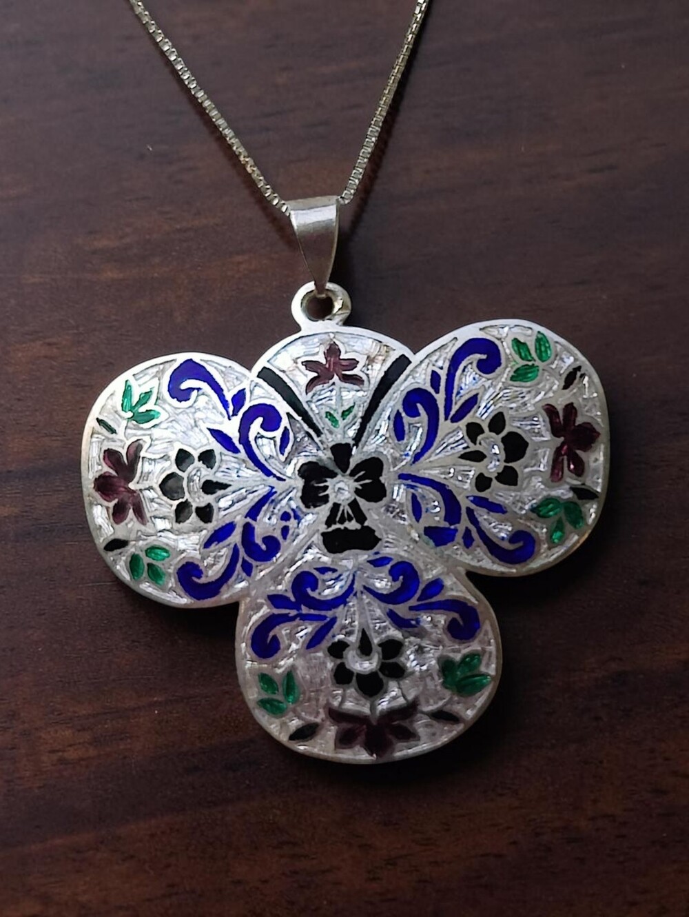 Vintage Sterling Silver Enameled Pendant Necklace